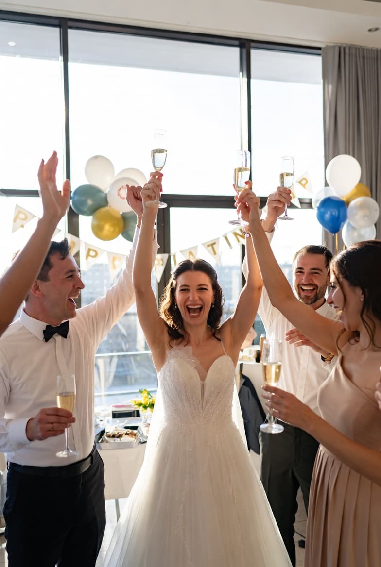 Bride and groom celebrating at wedding party